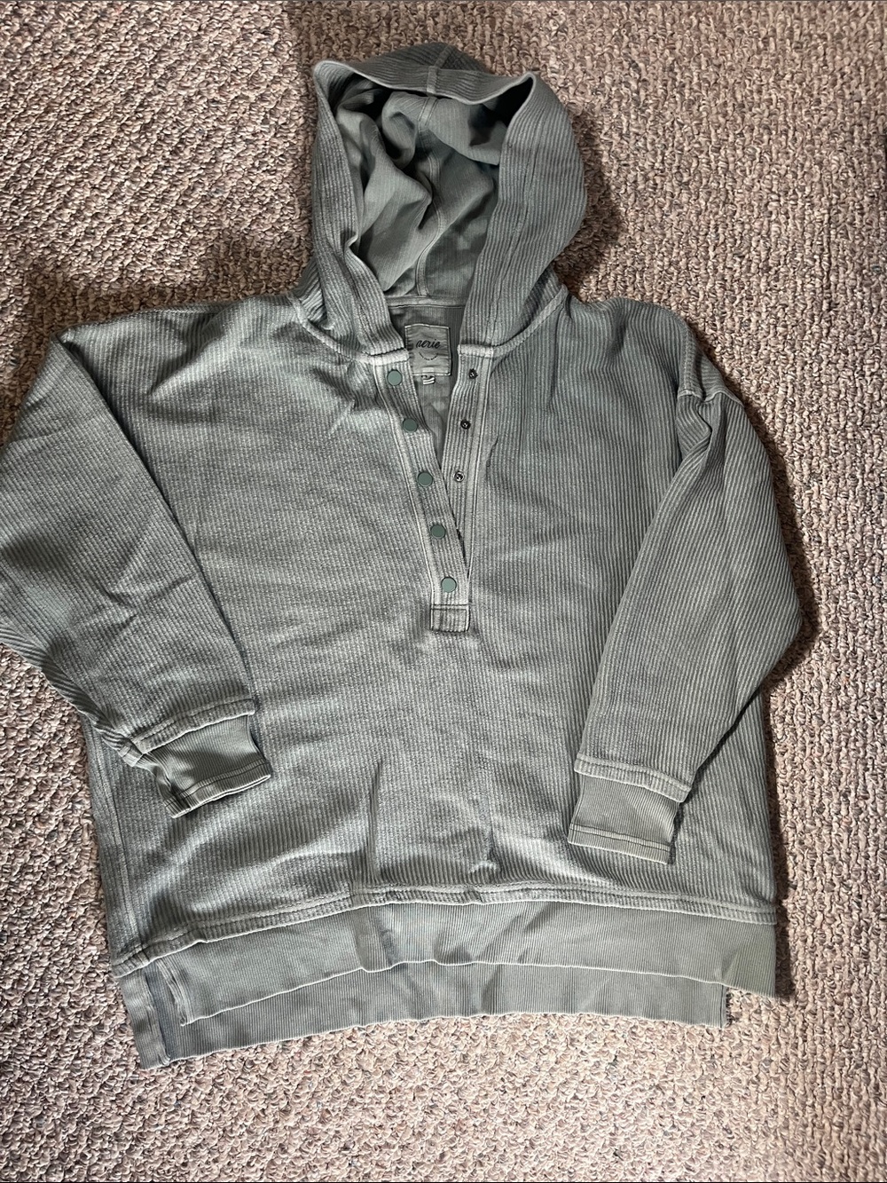 Waffle-Knit oversized Hooded Pullover Shirt - Olive